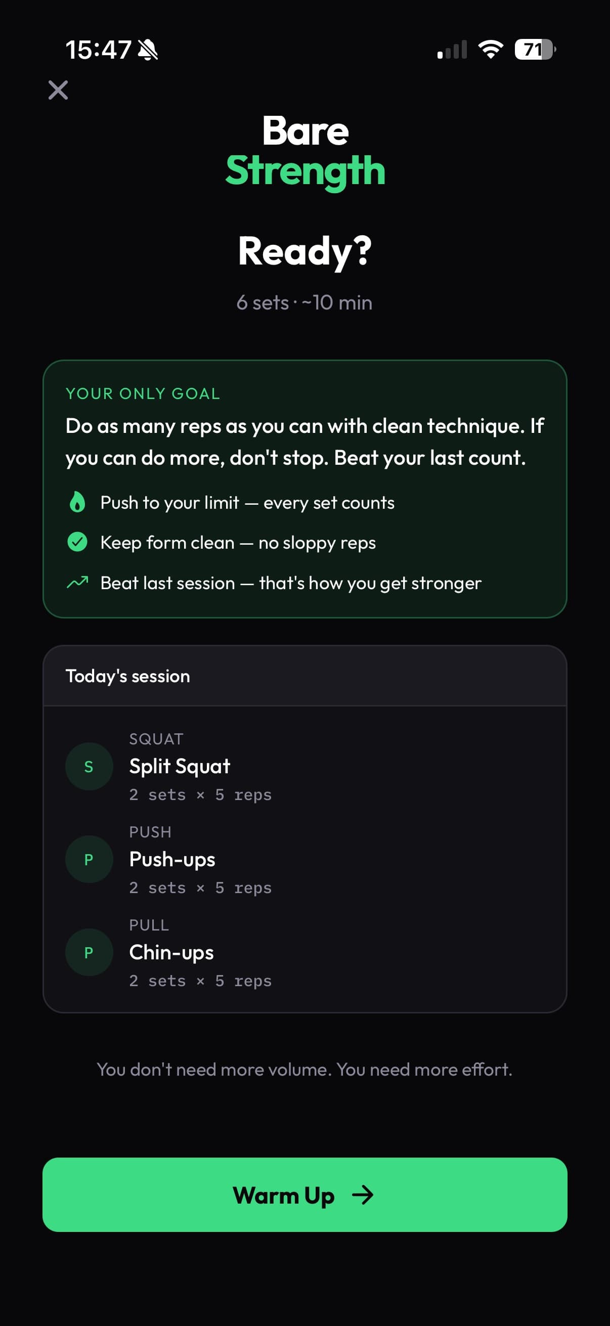 BareStrength workout preview with squat, push and pull exercises, rep targets and a start button